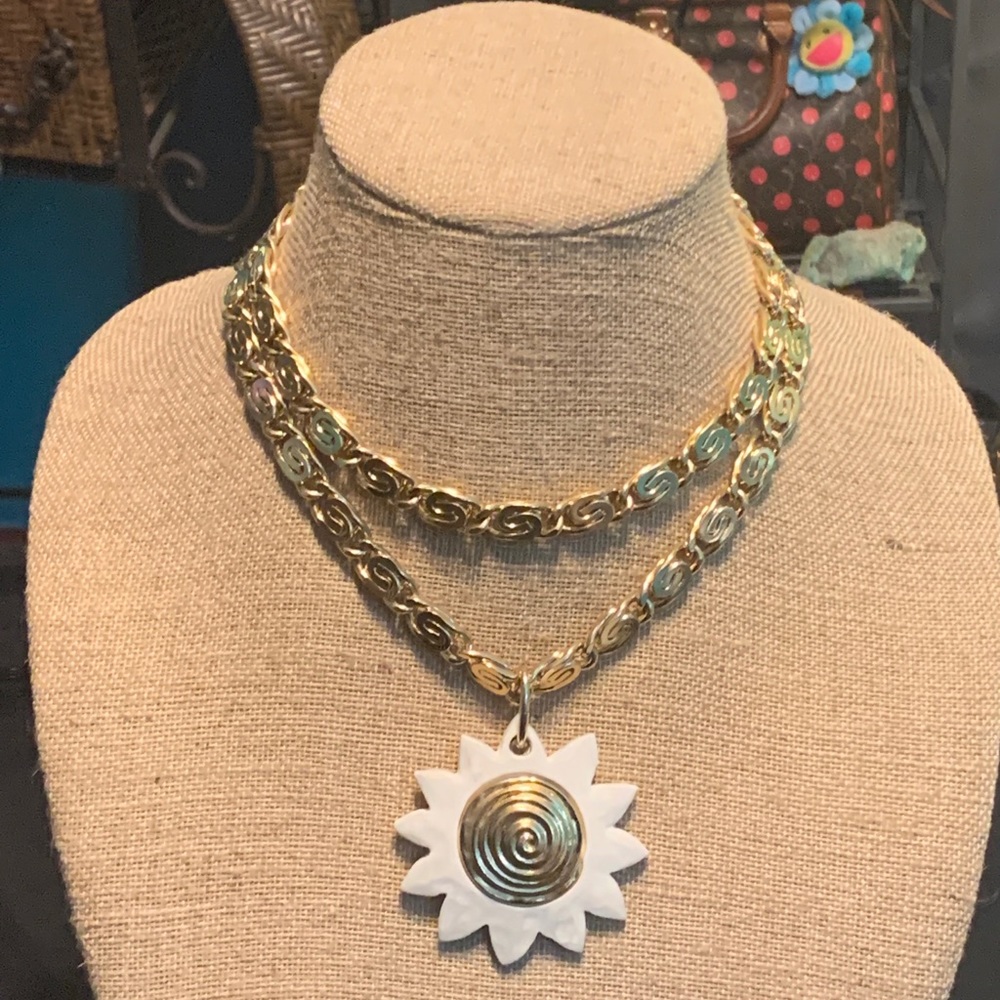 Givenchy Gold and White Necklace with Spiral Flower Pendant